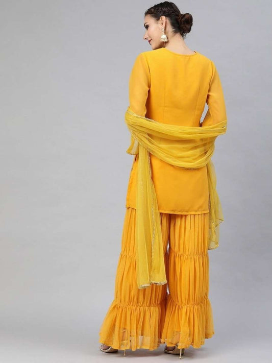 Mustard Georgette Embroidered Kurta Sharara Dupatta Set - inddus-us