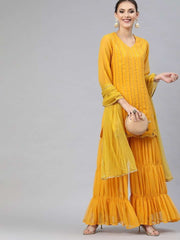 Mustard Georgette Embroidered Kurta Sharara Dupatta Set - inddus-us