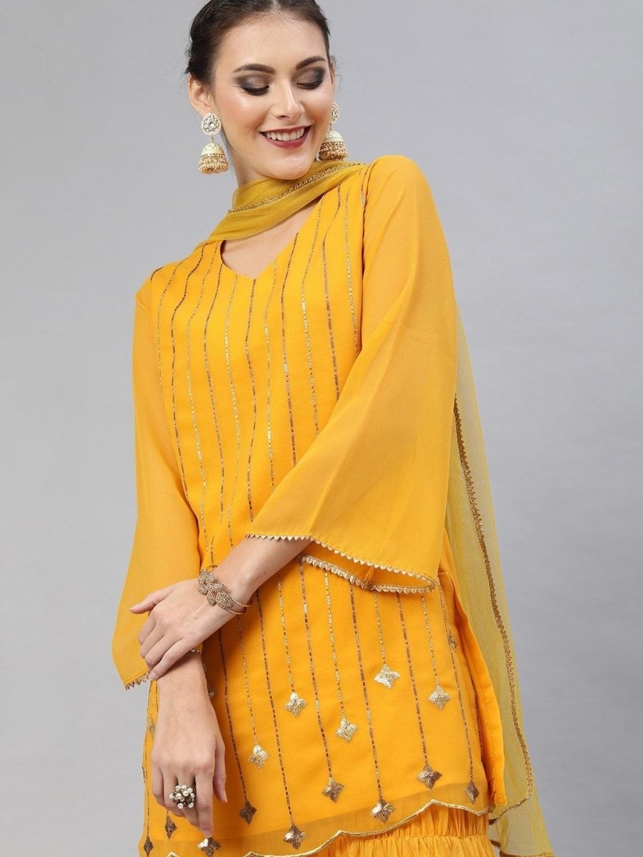 Mustard Georgette Embroidered Kurta Sharara Dupatta Set - inddus-us
