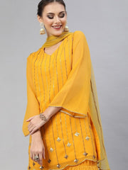 Mustard Georgette Embroidered Kurta Sharara Dupatta Set - inddus-us