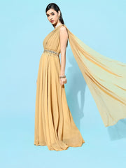 Mustard Georgette Partywear Solid Dresses - Inddus.com