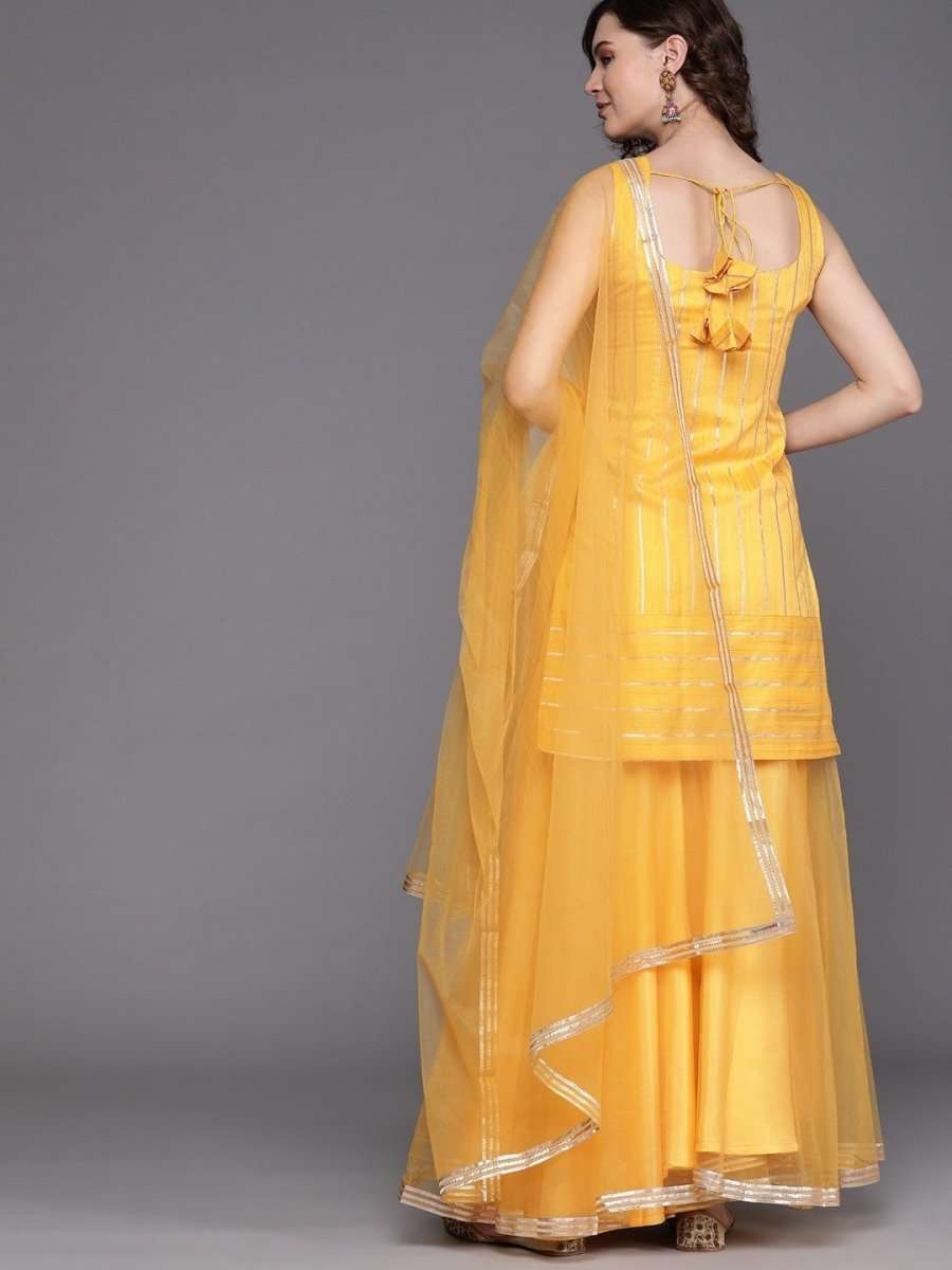 Mustard Golden Stripped Kurta with Net Sharara and Dupatta - Inddus.com