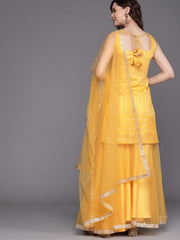 Mustard Golden Stripped Kurta with Net Sharara and Dupatta - Inddus.com