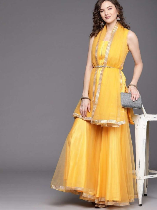 Mustard Golden Stripped Kurta with Net Sharara and Dupatta - Inddus.com