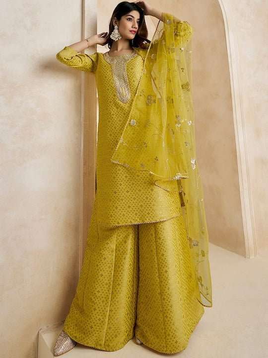 Mustard Gotta Patti Straight Kurta & Sharara With Dupatta - Inddus.com