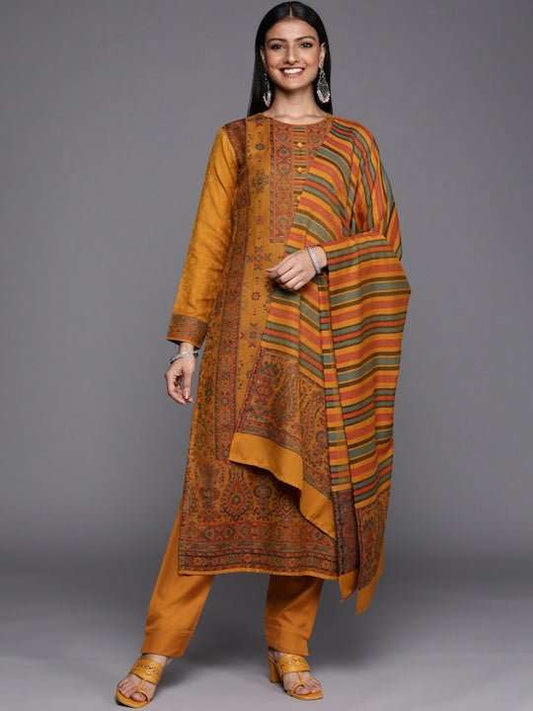 Mustard & Green Printed Woven Pashmina Winter Wear Unstitched Dress Material - Inddus.com