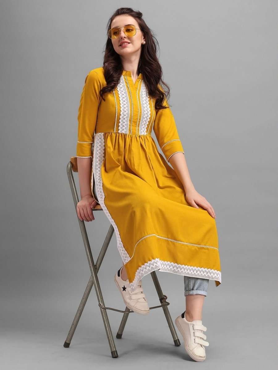 Mustard Pleated Laced Kurta - Inddus.com