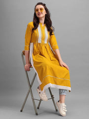 Mustard Pleated Laced Kurta - Inddus.com