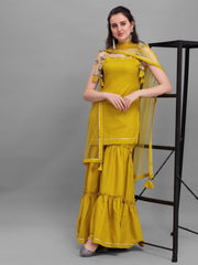 Mustard Solid Kurta with Sharara and Net Dupatta - Inddus.com