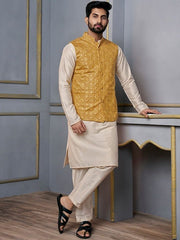 Mustard Woven Design Nehru Jacket - Inddus.com