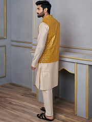 Mustard Woven Design Nehru Jacket - Inddus.com