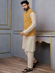 Mustard Woven Design Nehru Jacket - Inddus.com