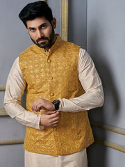 Mustard Woven Design Nehru Jacket - Inddus.com