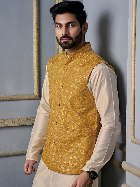 Mustard Woven Design Nehru Jacket - Inddus.com