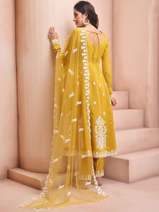 Mustard Yellow Embroidered Chanderi Cotton Anarkali Kurta & Trouser With Dupatta - Inddus.com