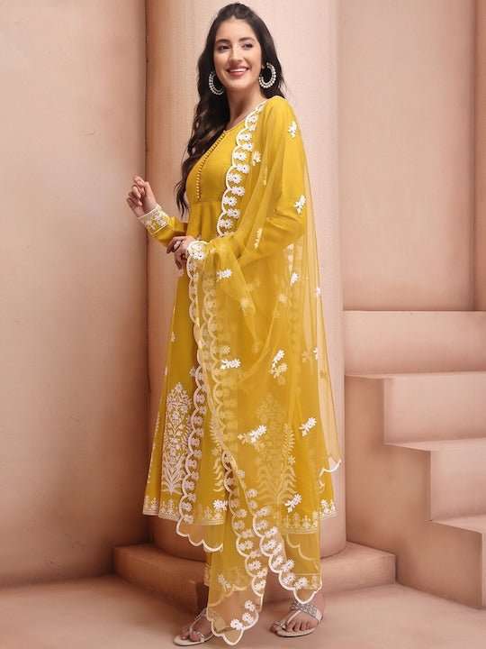 Mustard Yellow Embroidered Chanderi Cotton Anarkali Kurta & Trouser With Dupatta - Inddus.com