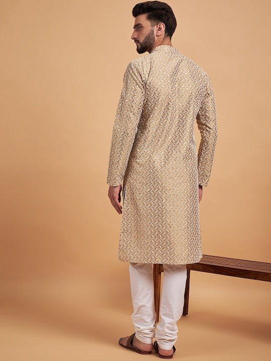 Mustard Yellow Ethnic Motif Embroidered Chikankari Straight Kurta - Inddus.com