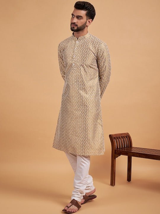 Mustard Yellow Ethnic Motif Embroidered Chikankari Straight Kurta - Inddus.com