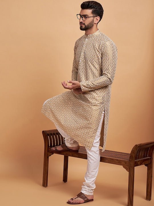 Mustard Yellow Ethnic Motif Embroidered Chikankari Straight Kurta - Inddus.com