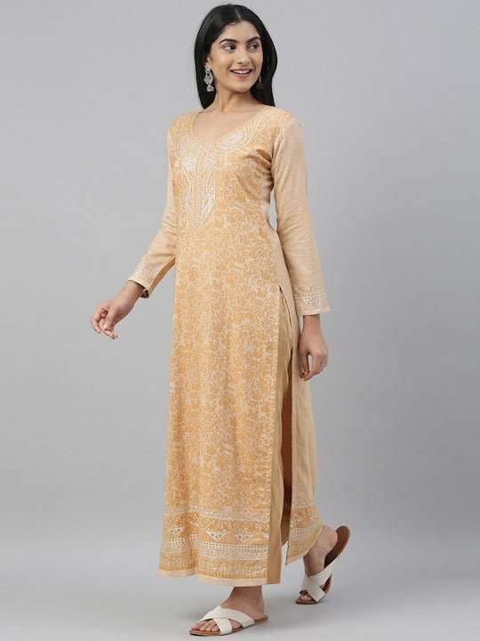 Mustard Yellow & Peach-Coloured Woven Design Handloom Unstitched Dress Material - Inddus.com