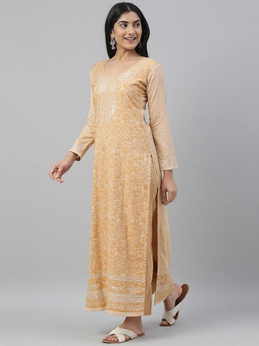 Mustard Yellow & Peach-Coloured Woven Design Handloom Unstitched Dress Material - Inddus.com