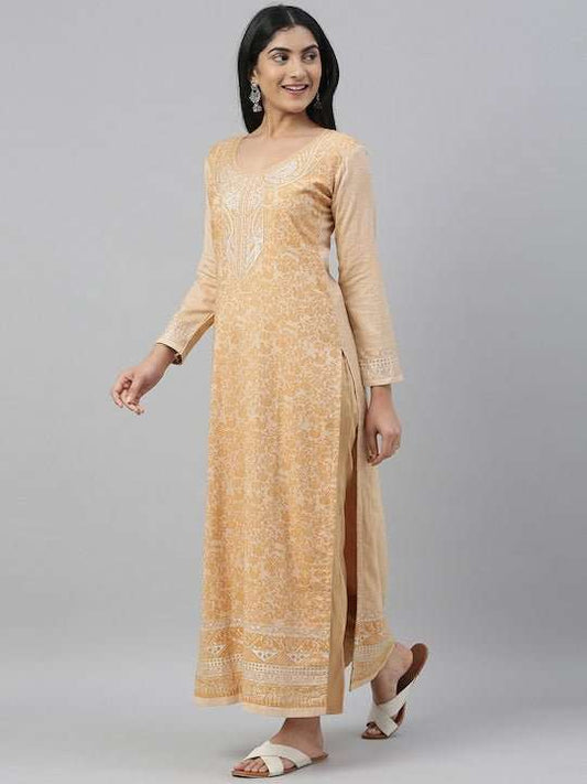 Mustard Yellow & Peach-Coloured Woven Design Handloom Unstitched Dress Material - Inddus.com