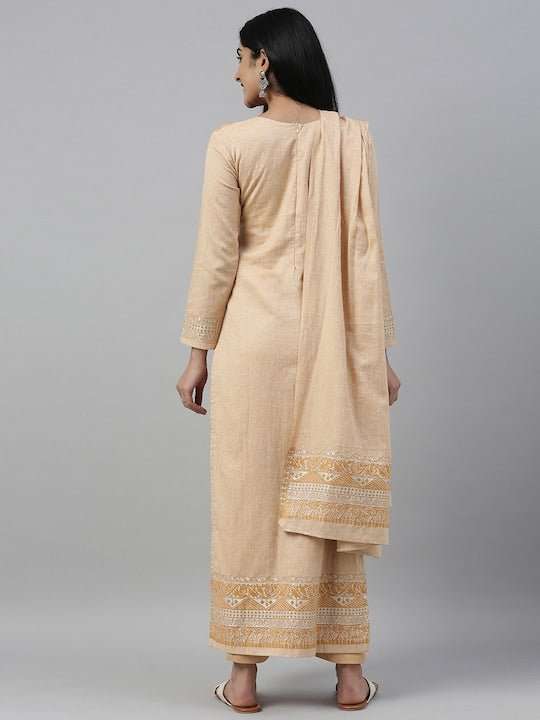 Mustard Yellow & Peach-Coloured Woven Design Handloom Unstitched Dress Material - Inddus.com