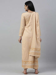 Mustard Yellow & Peach-Coloured Woven Design Handloom Unstitched Dress Material - Inddus.com