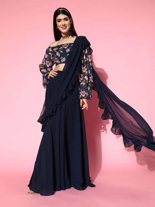 Nave Blue Lehenga Saree with Ruffle Pattern - Inddus.com