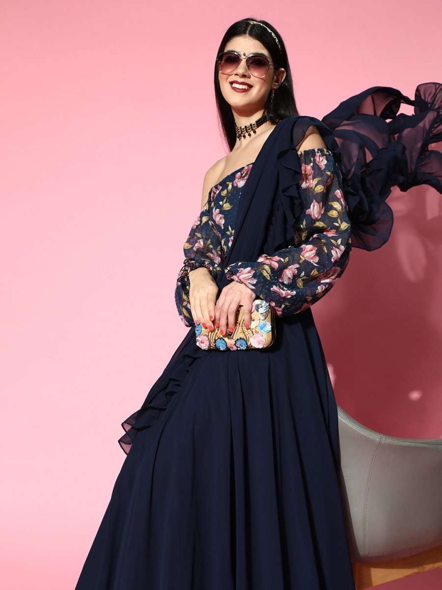 Nave Blue Lehenga Saree with Ruffle Pattern - Inddus.com
