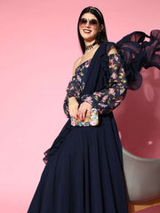 Nave Blue Lehenga Saree with Ruffle Pattern - Inddus.com