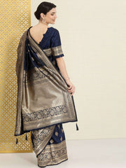Navy Blue and Gold Ethic Motifs Zari Woven Traditional Saree - Inddus.com