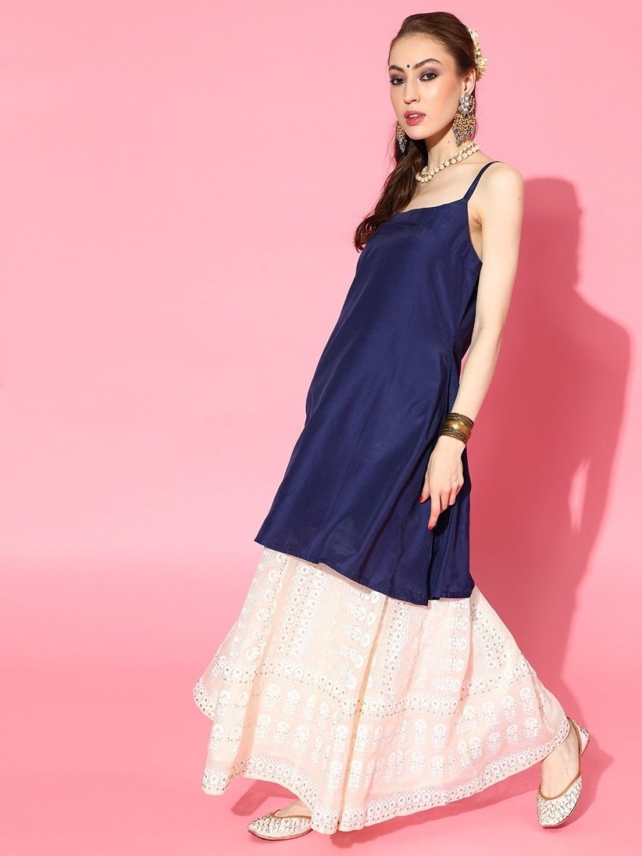 Navy Blue and Silver Stripped Extended Sleeves Kaftan Kurta - inddus-us