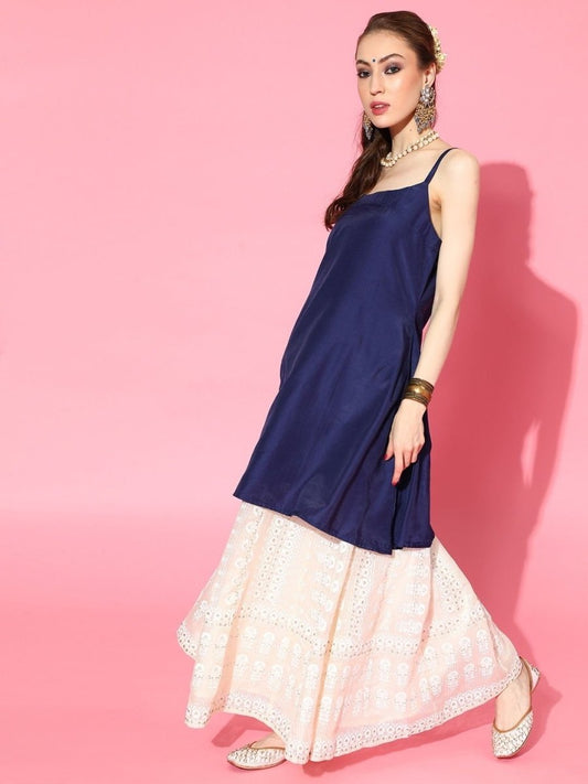 Navy Blue and Silver Stripped Extended Sleeves Kaftan Kurta - inddus-us