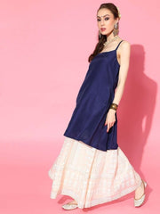 Navy Blue and Silver Stripped Extended Sleeves Kaftan Kurta - inddus-us
