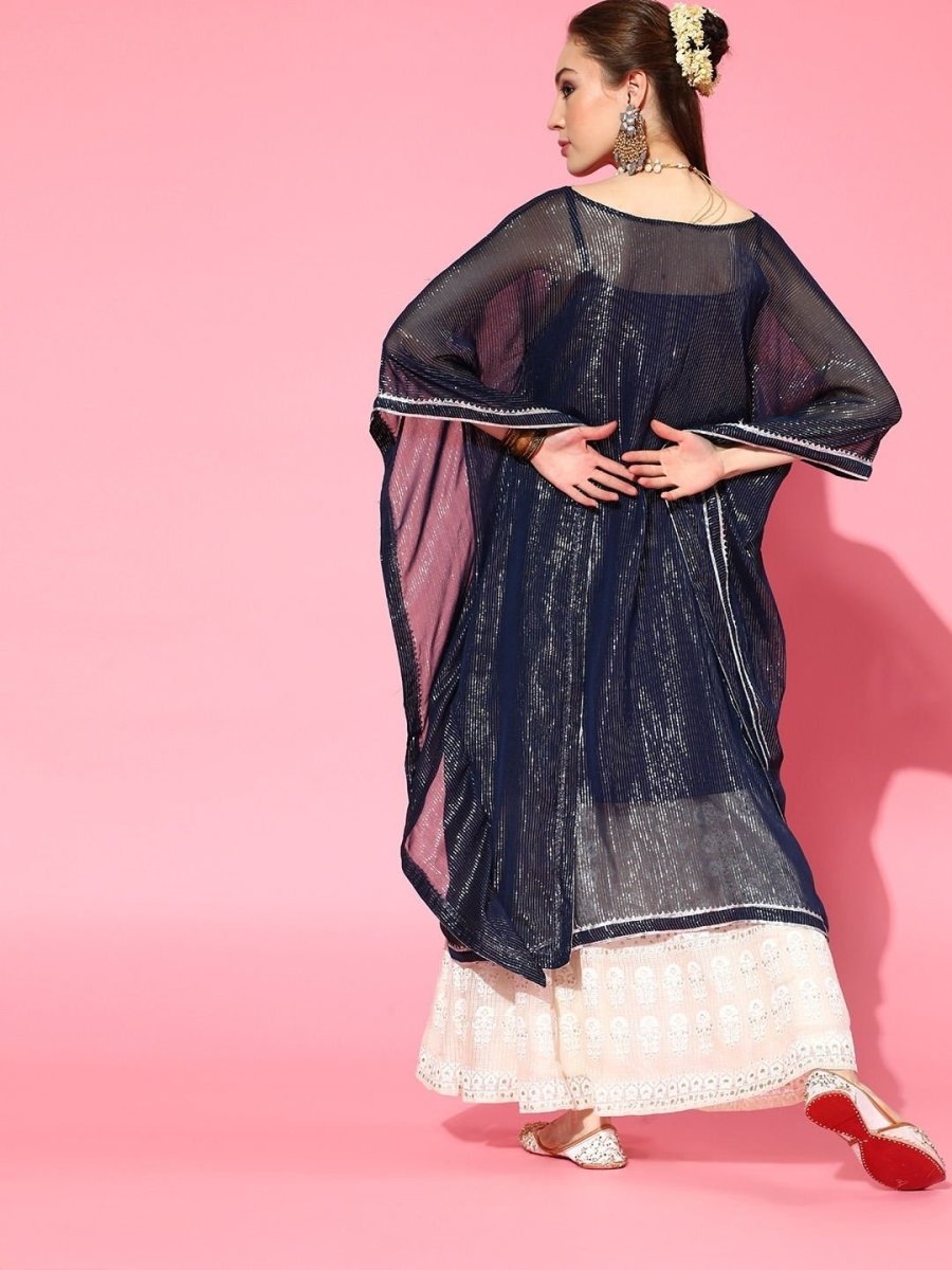Navy Blue and Silver Stripped Extended Sleeves Kaftan Kurta - inddus-us