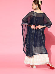 Navy Blue and Silver Stripped Extended Sleeves Kaftan Kurta - inddus-us