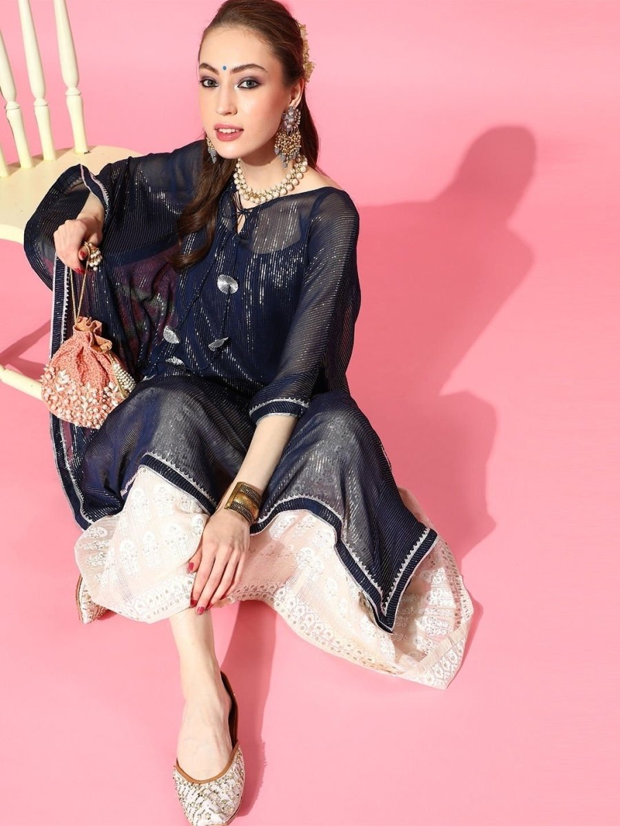 Navy Blue and Silver Stripped Extended Sleeves Kaftan Kurta - inddus-us