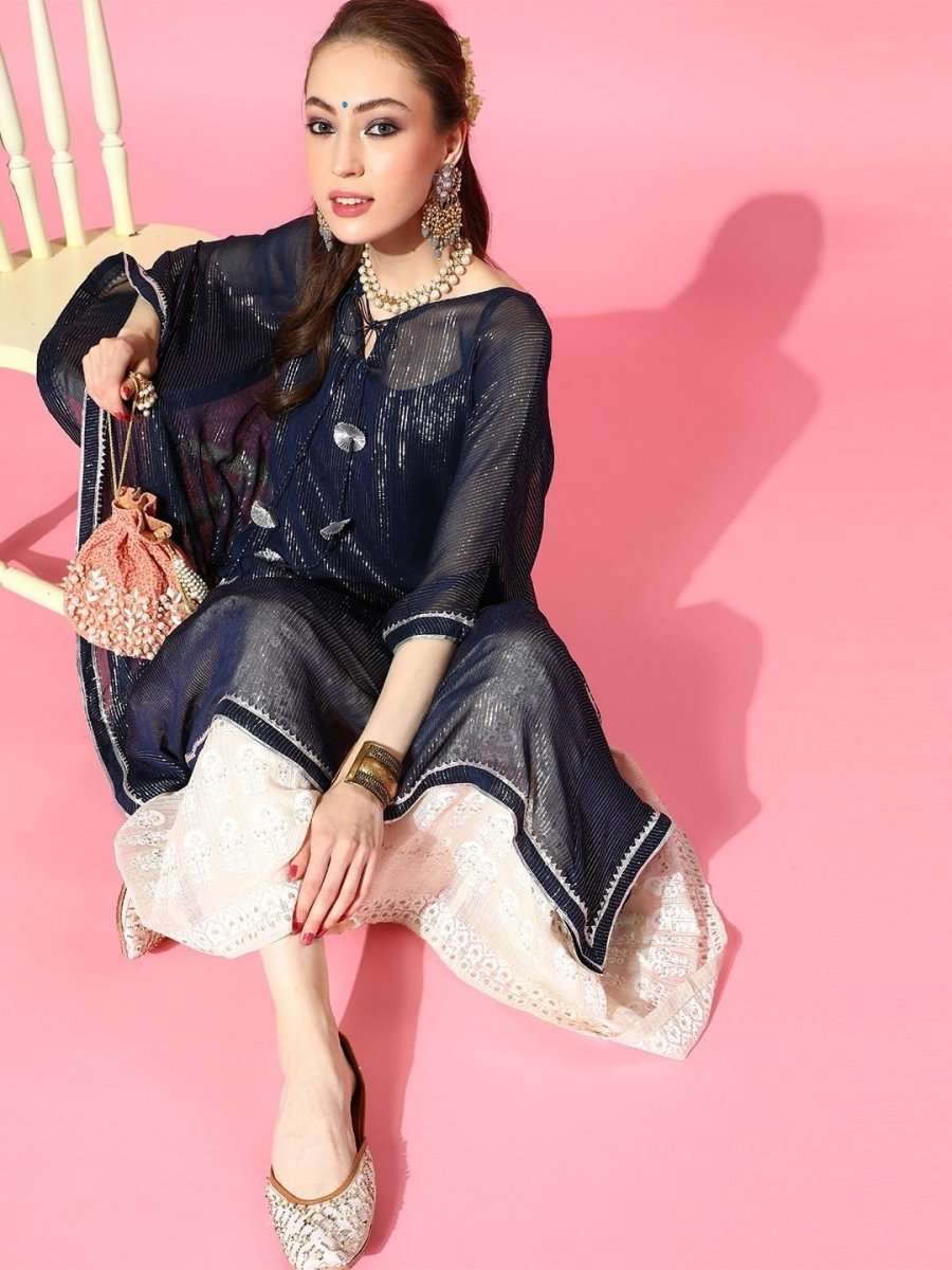 Navy Blue and Silver Stripped Extended Sleeves Kaftan Kurta - inddus-us