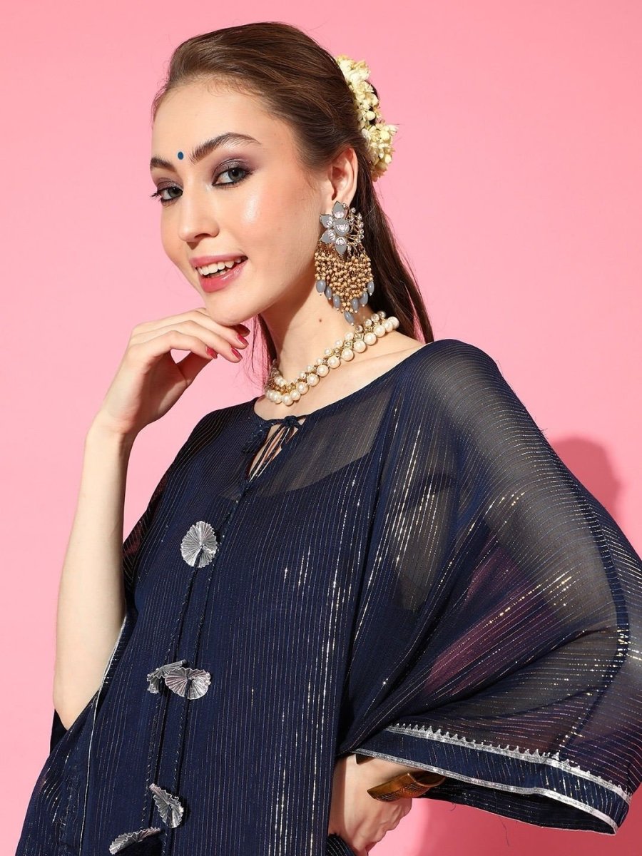 Navy Blue and Silver Stripped Extended Sleeves Kaftan Kurta - inddus-us