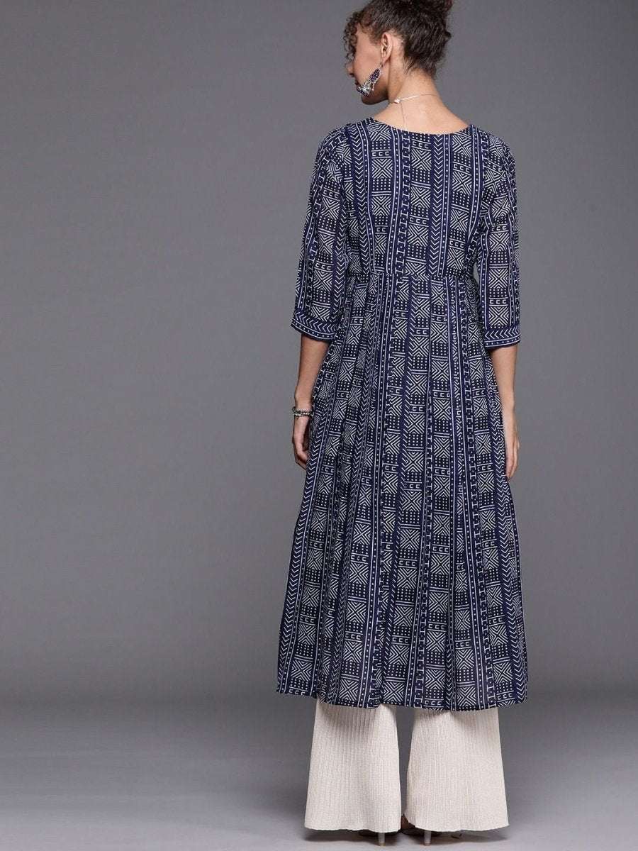 Navy Blue and White Printed Kurta - Inddus.com