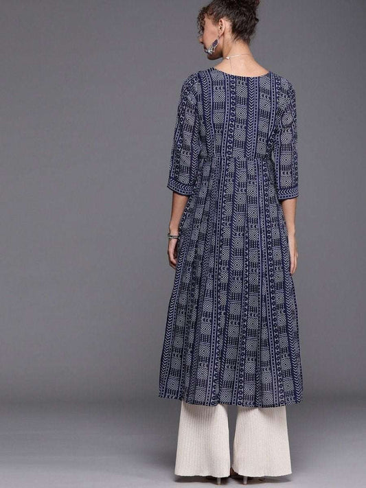 Navy Blue and White Printed Kurta - Inddus.com