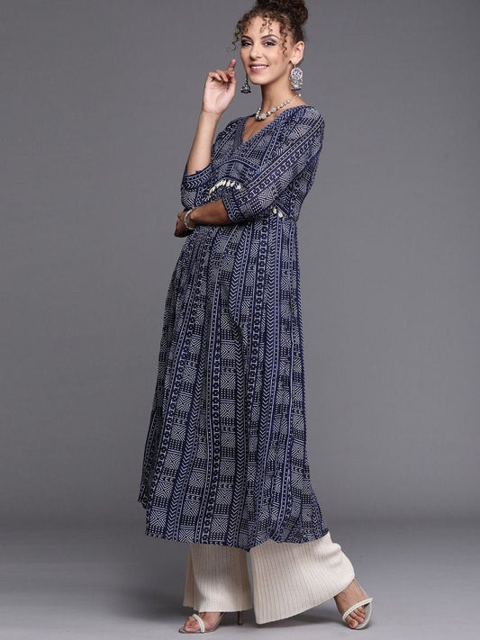 Navy Blue and White Printed Kurta - Inddus.com
