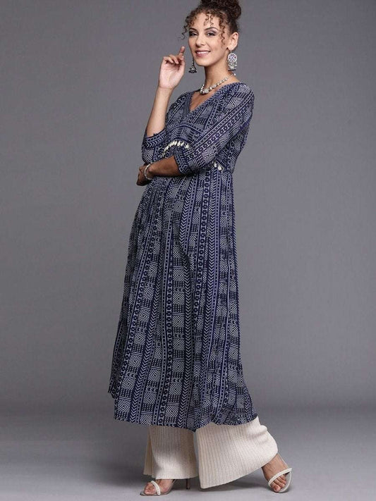 Navy Blue and White Printed Kurta - Inddus.com