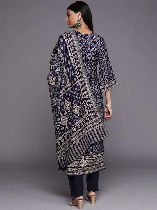 Navy Blue & Beige Printed Woven Pashmina Winter Wear Unstitched Dress Material - Inddus.com