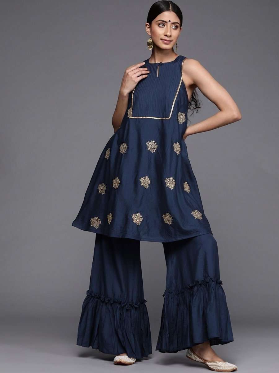 Navy Blue Chanderi Cotton Thread Work Palazzo Suit - inddus-us