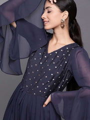 Navy Blue Cotton Blend and Georgette Solid Jumpsuit - inddus-us