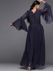 Navy Blue Cotton Blend and Georgette Solid Jumpsuit - inddus-us