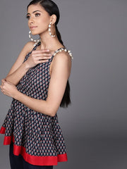 Navy Blue Cotton Printed Dress - Inddus.com