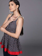 Navy Blue Cotton Printed Dress - Inddus.com